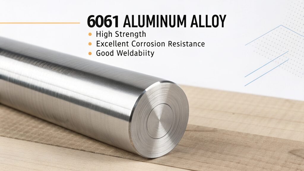 A graphic illustrating the key properties of 6061 aluminum alloy, with icons for strength, corrosion resistance, weldability, and formability.